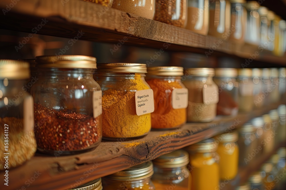 Poster a close-up shot of a wooden shelf in a kitchen filled with glass jars of various spices, each labele