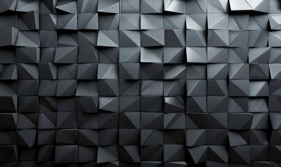 Fototapeta premium Futuristic 3D Render of Triangular Polished Black Tiles Forming a Dynamic Geometric Wall on Dark Background