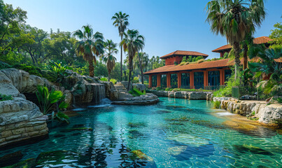 Tranquil Waterfall Pool at Valencia Zoo BioParc with Lush Greenery and Spanish Architecture on a Sunny Day