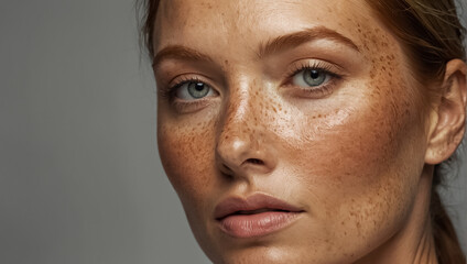 Obraz premium Beautiful adult woman face with freckles