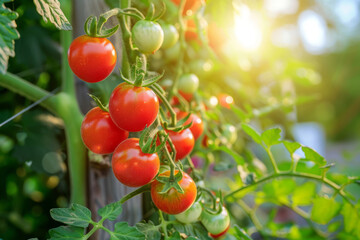 Ripe home grown tomatoes on branch. Healthy and fresh organic produce