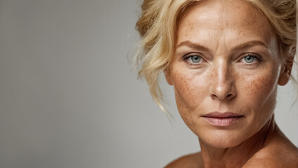 Beautiful adult woman face with freckles