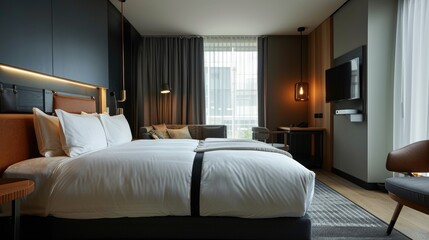 Cozy setup in stylish hotel room with space on wall