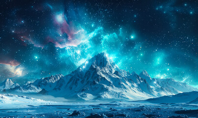Naklejka premium Majestic Snow-Capped Rocky Mountains Under Vibrant Aurora Borealis in Night Sky, Perfect for Wallpapers and Copy-Space Designs