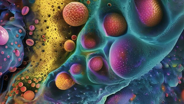 A confocal microscopy animation of liver tissue showing hepatocytes in different stages of their life cycle undergoing mitosis and continuously replenishing the livers detoxification capabilities.