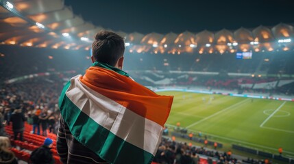 A soccer fan with the Hungarian flag at a soccer stadium during a match back view. Concept of 2024 UEFA European Football Championship