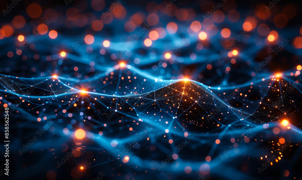 Poster neural network connectivity in advanced technology concept with glowing nodes and interwoven lines a