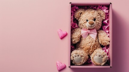 Teddy bear toy in box on pink background with copy space top view