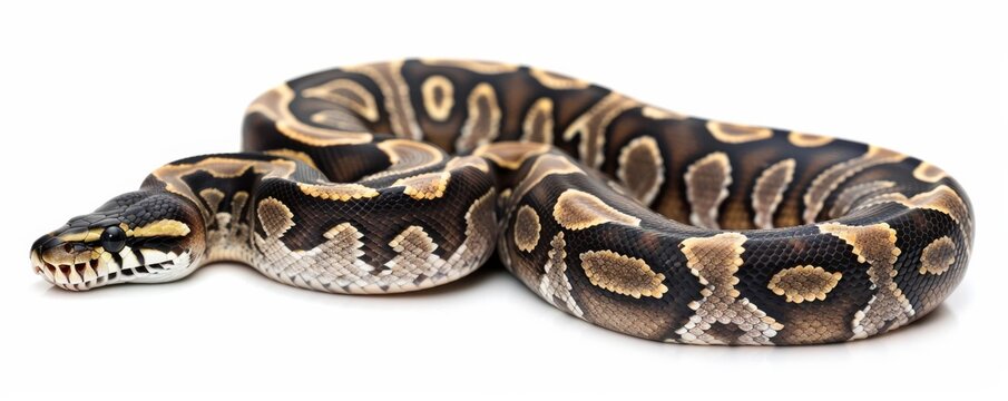 Ball python snake on white background, close-up view. Exotic pet and reptile concept
