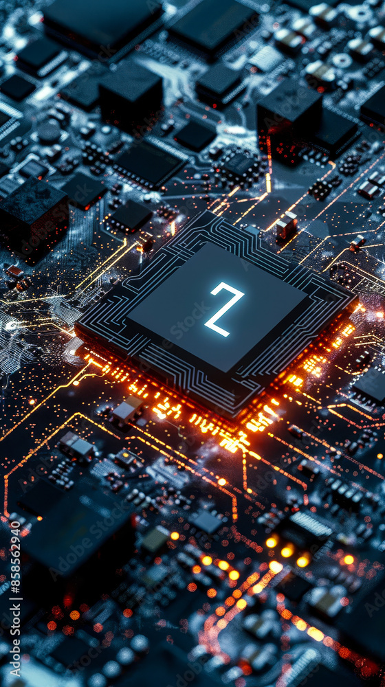 Poster futuristic information technology concept with info symbol on microchip and data flow across advance