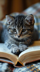 Adorable Kitten Resting on Open Book Indoors, Cozy Home Setting, Cute Pet Relaxation, Daytime, Calming and Peaceful Mood, Perfect for Animal Lovers and Book Enthusiasts