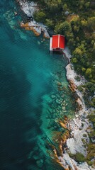 Aerial View of Red Boat House in Coastal Bay 