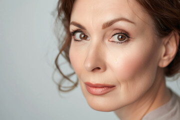 Portrait the beauty of a mature woman, showing off a healthy, soft facial skin, and beauty products