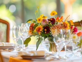 An elegant, inviting dining table set for a special occasion, adorned with a vibrant bouquet of fresh flowers as the centerpiece. The arrangement features a variety of colorful blooms 