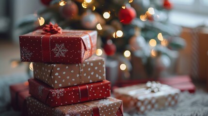 Festive Christmas Presents Under Decorated Tree with Warm Lights