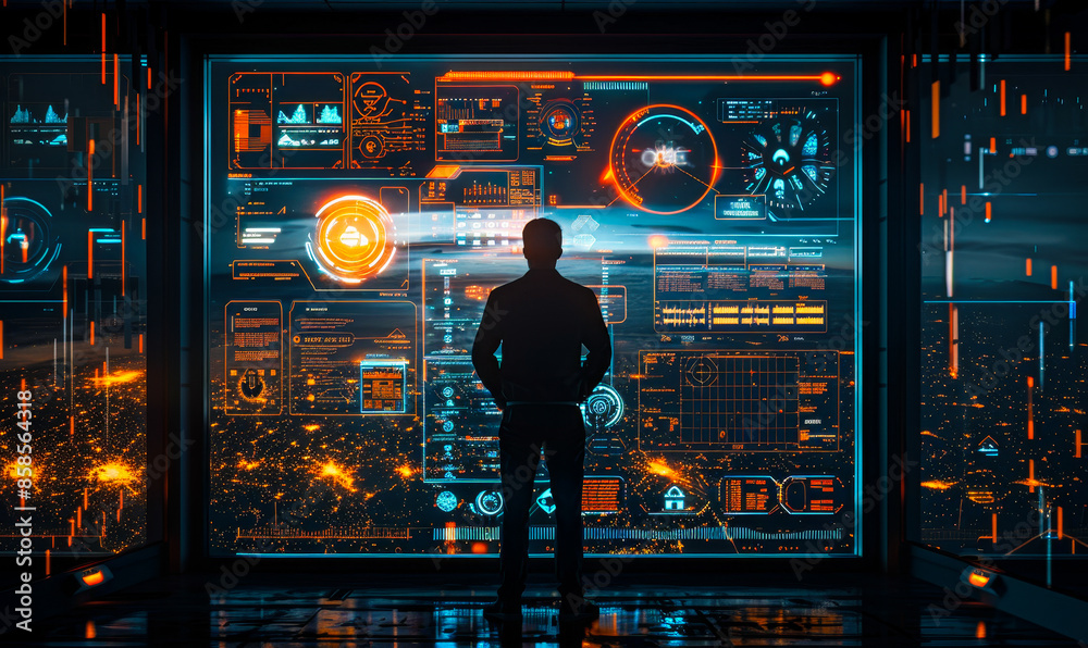 Poster technical operator monitoring ai system control room during night shift with high-tech displays and 