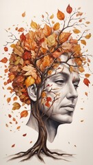 Creative Mind: Human Brain Tree with Colorful Leaves Symbolizing Nature and Alzheimer's Awareness