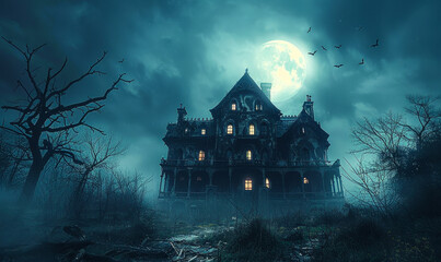 Eerie Haunted House in Dark Foggy Night with Full Moon and Bats - Halloween Horror Scene with Spooky Atmosphere