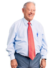 Senior handsome grey-haired man wearing elegant tie and shirt winking looking at the camera with...