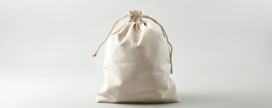 Drawstring cotton bag on white background, eco-friendly packaging concept