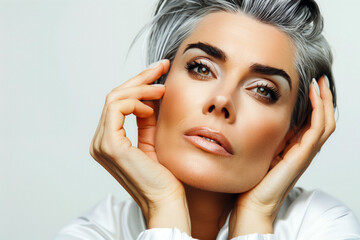 Fototapeta premium Portrait of a healthy 50 year old woman focusing on anti-aging facial care products