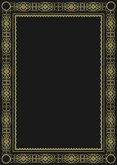 Vintage gold frame A4 format with original ornament in art deco style. Version 11. Black background. Vector illustration