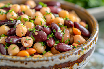 Close-up of a bowl of mixed beans, including kidney beans, chickpeas, and black beans, with a sprinkle of fresh herbs
