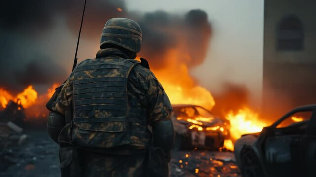 Soldier in urban warfare scene with burning cars