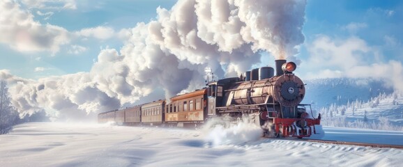 Naklejka premium Historic Train Passing Through A Snow-Covered Landscape