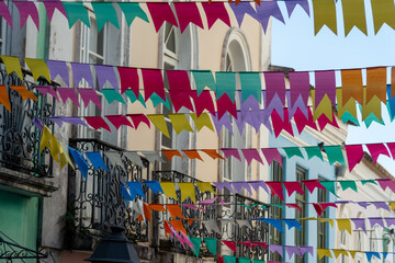 View of the old houses in Pelourinho decorated for the Sao Joao festival in June. City of Salvador, Bahia.