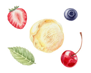 Ice cream, Cherry, strawberry, blueberry and mint leaf. Set of vanilla sorbet scoop and berries watercolor hand painted food illustration. © NadyaSaen 