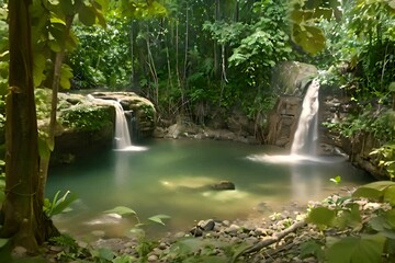 Latar belakang streaming air terjun. air terjun kecil. Sungai hutan dalam memiliki hutan hijau dengan pepohonan besar.
