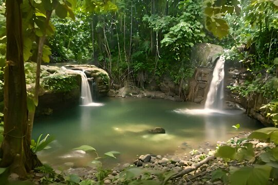 Latar belakang streaming air terjun. air terjun kecil. Sungai hutan dalam memiliki hutan hijau dengan pepohonan besar.