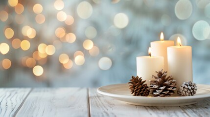 Cozy winter scene with lit candles and pinecones on a wooden table, glowing bokeh lights in the background, creating a warm holiday atmosphere.