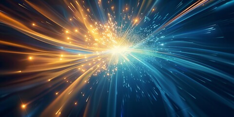 Fototapeta premium Blue light glow futuristic technology background with organic motion. blue and gold glowing abstract sun burst with digital lens.