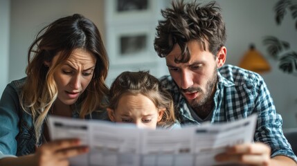 Family looking at rising utility bills with shocked expressions,