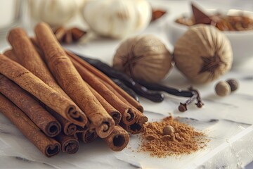 A collection of baking spices including cinnamon sticks, vanilla beans, and nutmeg on a white countertop. Generative AI