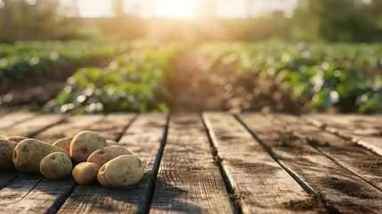 a close up of a rustic empty wooden table with blurred potato field background