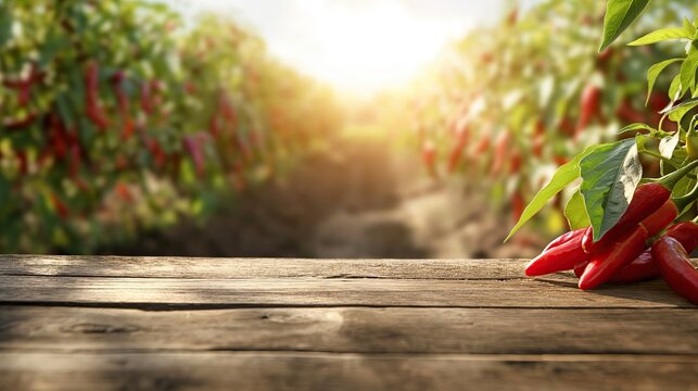 a close up of a rustic empty wooden table with blurred chili pepper field background
