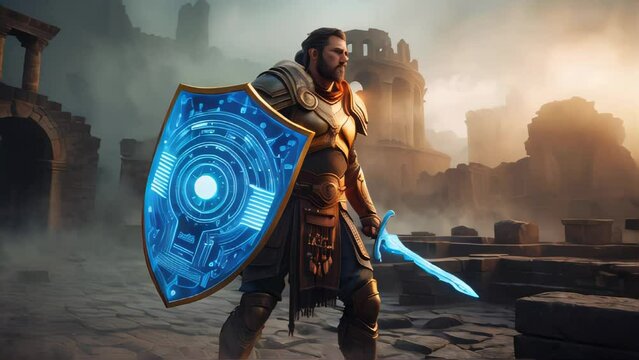 Male warrior warrior defender with a sword and a cyber shield in his hands, the concept of cyber security and data protection from hackers