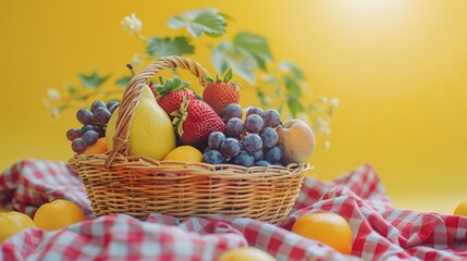 Fruit Basket with Mixed Fruits on Checkered Cloth Background