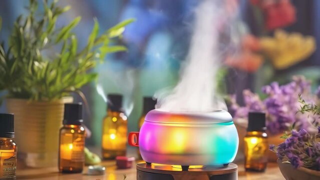 A vibrant, illuminated diffuser emits aromatic steam surrounded by essential oil bottles and plants. The scene is calm, filled with natural elements and soft light.