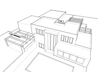 Modern house building sketch architectural 3d illustration