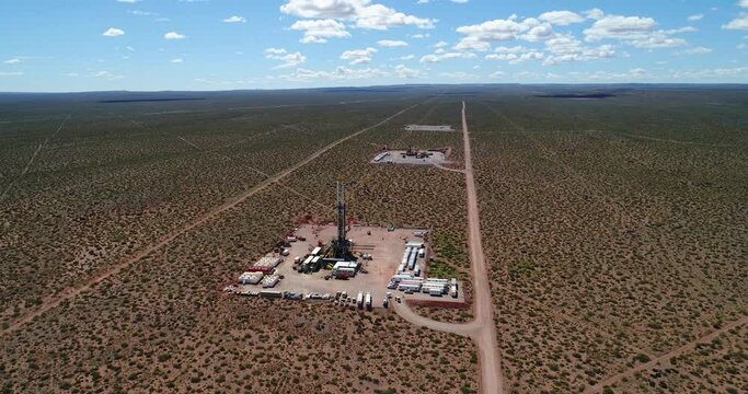 Aerial view of unconventional oil well drilling in A&ntilde;elo, Neuquen.