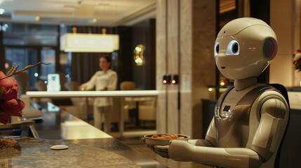 Obraz premium A service robot assisting in a modern hotel environment, representing the integration of robotics in hospitality. This image is perfect for illustrating futuristic services, AI technology, smart hotel