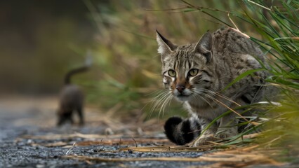Obraz premium A cat walking along a path next to some grass, AI