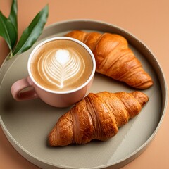 Tasa de café con  croissant imagen desde arriba