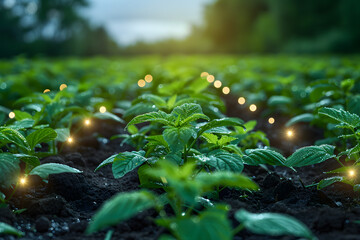 Rows of young plants in a field illuminated by small glowing lights, symbolizing the integration of technology in agriculture. modern farming techniques and the future of agricultural business