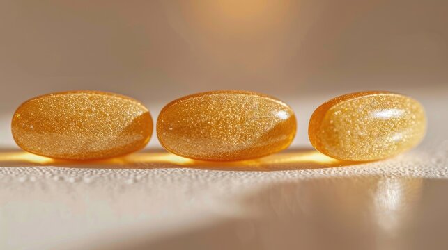 Close up view of three large yellow senior dietary supplement tablets