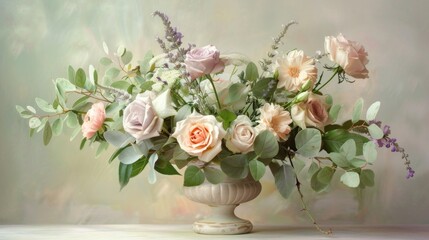 Fototapeta premium A beautiful bouquet of pink and white roses, along with greenery and lavender, sits in a white vase against a soft, green background